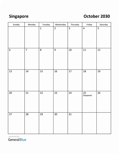 Free Printable October 2030 Calendar For Singapore