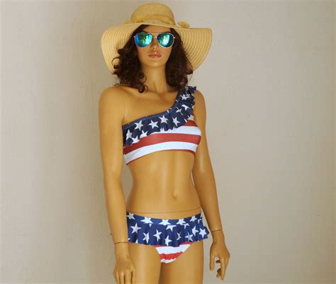 American Flag Bikini Ruffle Bikini Top Ruffle Bottoms Swimsuits Women