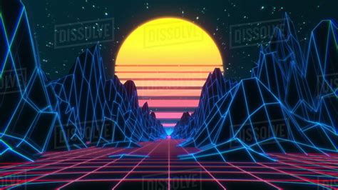 80s retro futuristic sci-fi background. Retrowave VJ videogame landscape with neon lights and ...