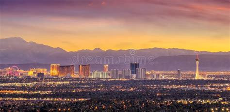 Panorama Cityscape View Of Las Vegas At Sunset In Nevada Stock Photo