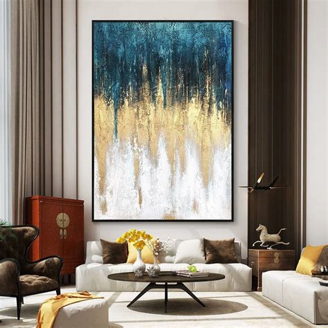 Framed Wall Art Acrylic Painting On Canvas Original Extra Large Gold Teal Green Blue Art Leaf