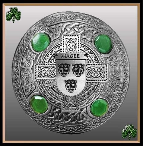Magee Irish Coat Of Arms Celtic Cross Plaid Brooch With Green Stones Etsy