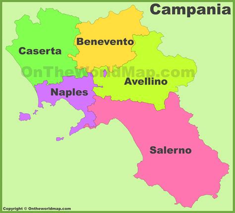 Equirectangular projection, n/s stretching 115 %. Campania provinces map