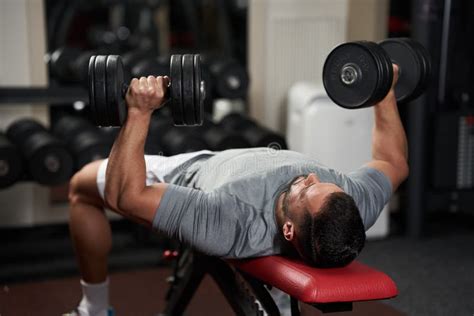 Bodybuilder Doing Bench Press With Dumbbells Stock Image Image Of