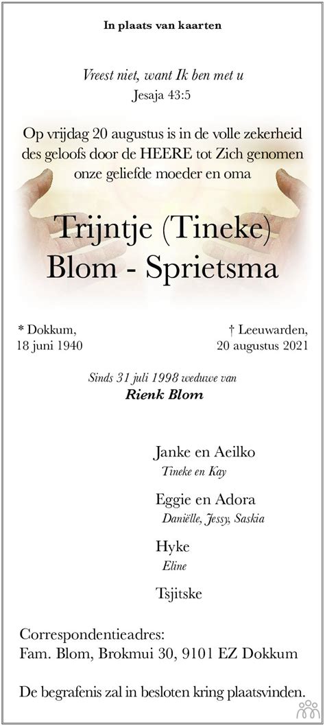 Trijntje Tineke Blom Sprietsma 20 08 2021 Overlijdensbericht En