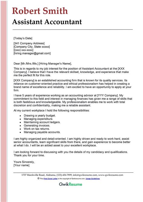 Assistant Accountant Cover Letter Examples Qwikresume