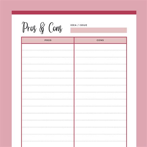 Printable Pros And Cons List Instant Download Pdf A4 And Us Letter