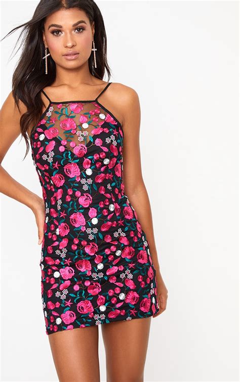 Hot Pink Floral Embroidered Strappy Bodycon Dress Dresses