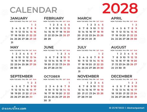 Calendario 2028 Planner De Plantilla 2028 Año Calendario De Pared 2028
