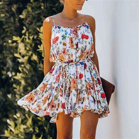sexy floral print spaghetti straps backless lace up ruffle summer mini dress n21182