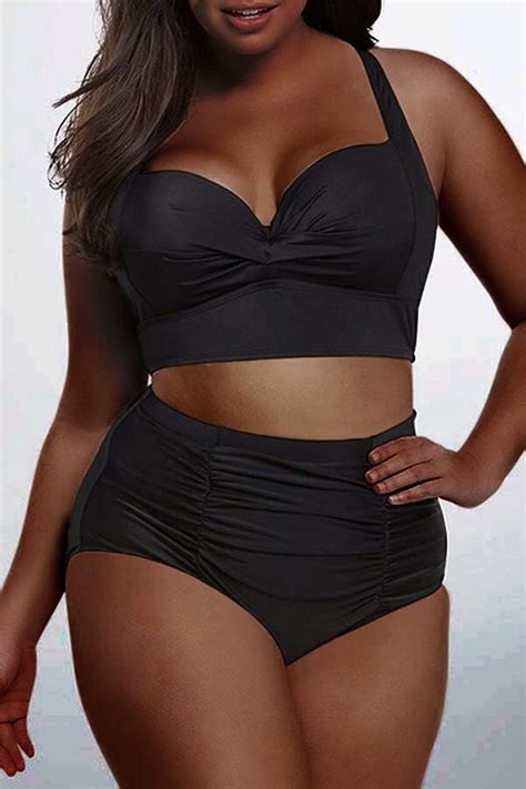 Lovely Casual Basic Black Plus Size Two Piece Swimsuitplus Size
