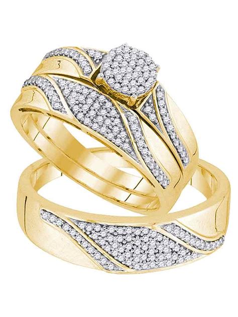 10kt Yellow Gold His And Hers Round Diamond Cluster Matching Bridal Wedding Ring Band Set 12 Cttw