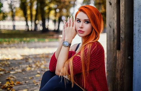 Depth Of Field Model Long Hair Orange Hair Blue Eyes Woman Girl Bokeh Wallpaper