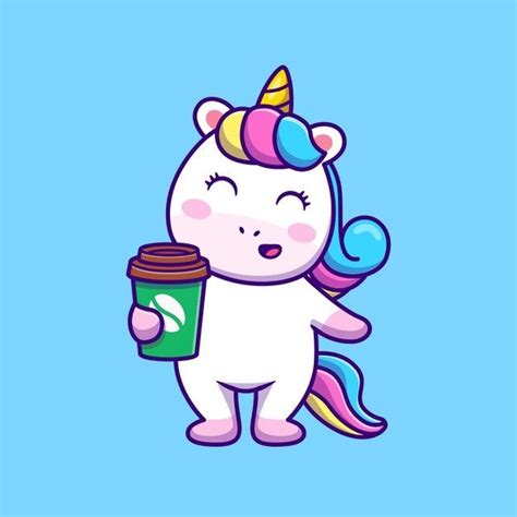 Download Cute Unicorn Holding Coffee Cartoon Vector Illustration For
