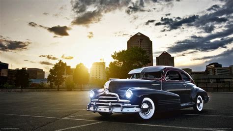 Retro Classic Cars Buildings Cities Sunset Sky Clouds