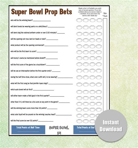 Super Bowl Prop Bet Sheet Printable