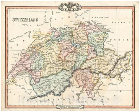 Historic Map Cruchley Map Of Switzerland 1850 Vintage Wall Art