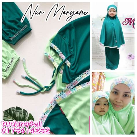 Telekung Lace Budak Dan Dewasa Nur Maryam Mint Green And Emerald