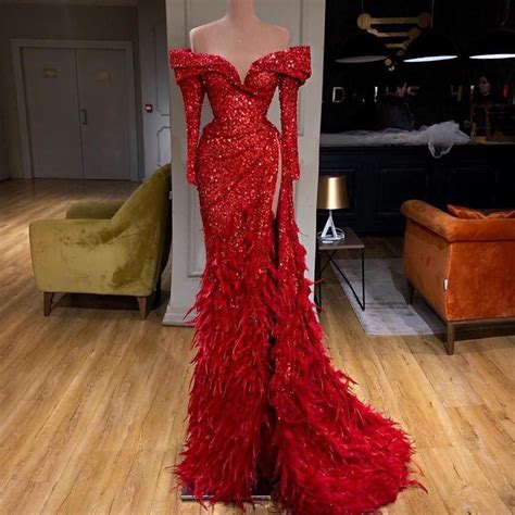 modest evening dresses long sleeve red sparkly feather mermaid luxury evening gown 2021 modest