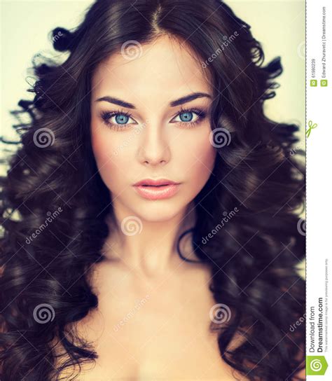 Portrait Beautiful Girl Model With Long Black Curled Hair
