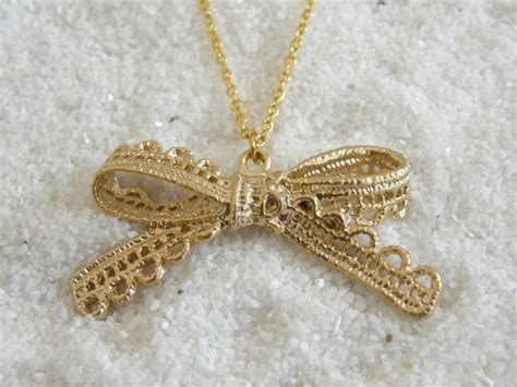 Gold Lace Bow Pendant Necklace Bow Necklace Birthday T Etsy