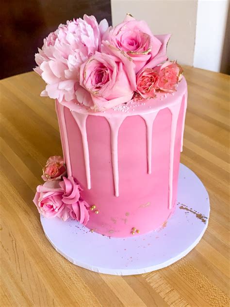 Pink Ombre Cake Topped With Fresh Pink Roses Cake Is Decorated With Edible Gold Splatter Fresh