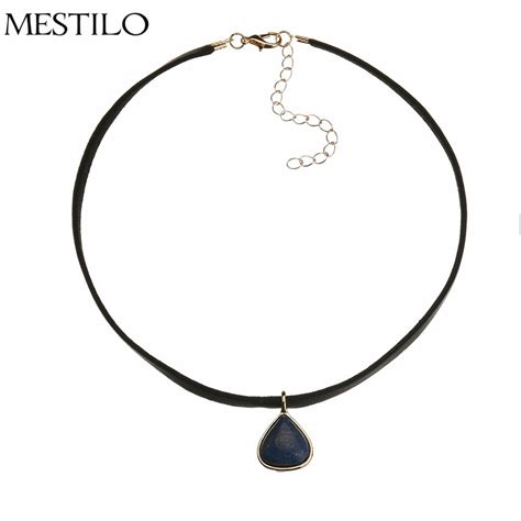 Mestilo Fashion Jewelry Black Velvet Short Choker Necklace With Geometric Stone Pendant Necklace