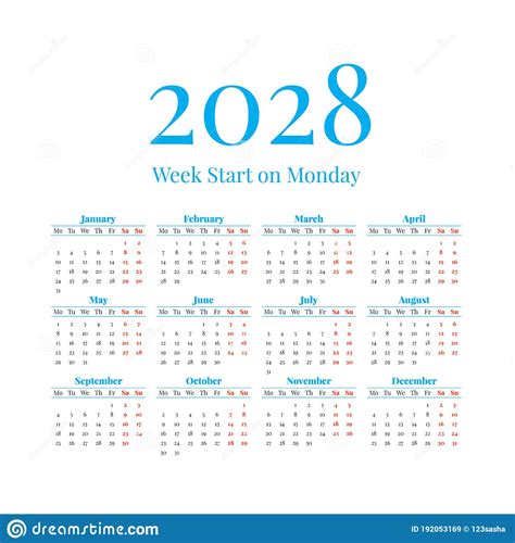 2028 Calendar With The Weeks Start On Monday Stock Vector