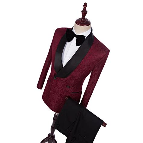 New Style Burgundy Jacquard Black Pants Groom Tuxedos Shawl Lapel Men
