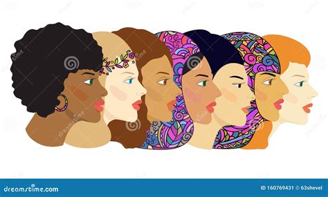Women`s Faces Of Different Nationalities And Cultures Color Vector Hand Drawing Isolated
