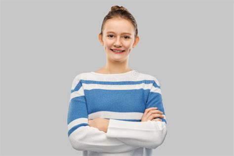 Smiling Teenage Girl With Crossed Arms In Pullover Stock Image Image