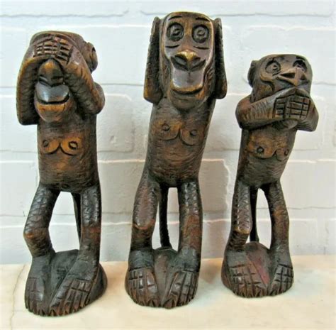 Vintage Three Wise Monkeys Hear See Speak No Evil Primative Wood
