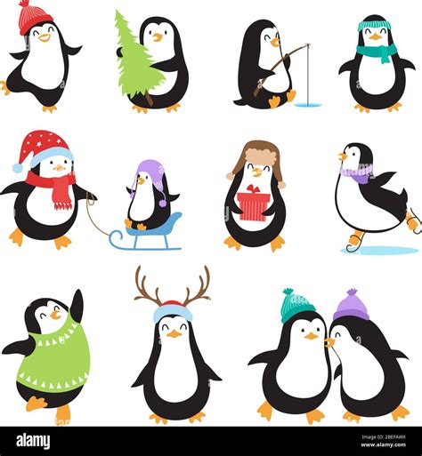 Cute Cartoon Penguins Winter Holidays Vector Animals Set Penguin