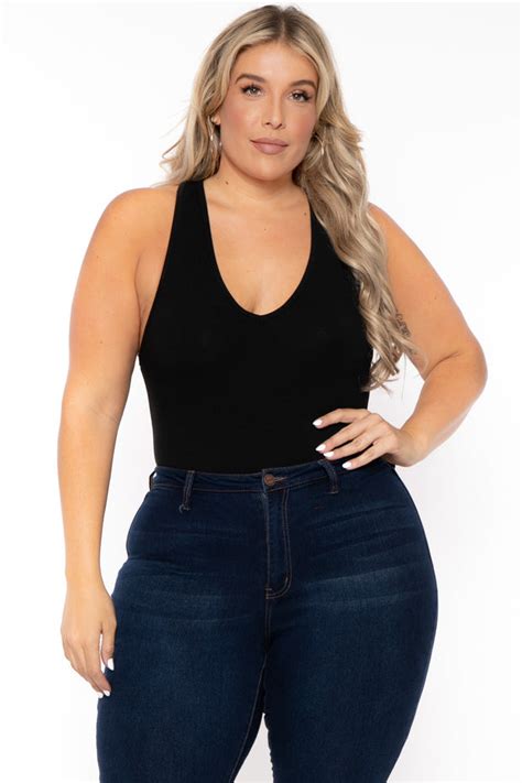 Plus Size V Neck Bodysuit Black Curvy Sense