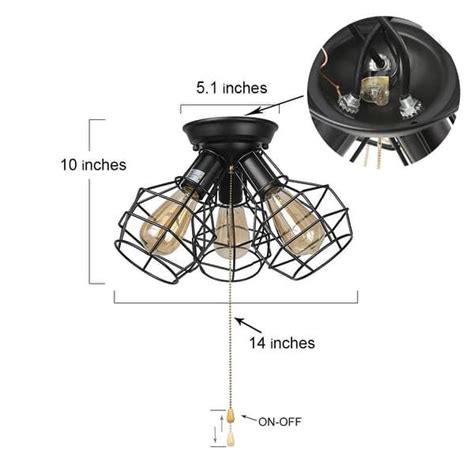 3 Light Vintage Industrial Wire Cage Pull String Ceiling Light Fixture