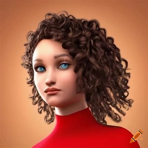 3d Avatar Of A Young Woman With Blue Eyes And Curly Brown Hair In A Red