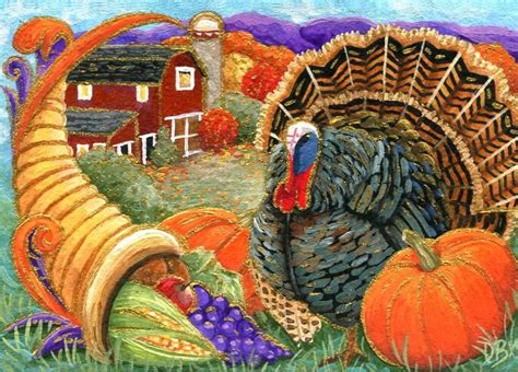 Aceo Original Art Painting Thanksgiving Turkey Horn Of Plenty Vintage