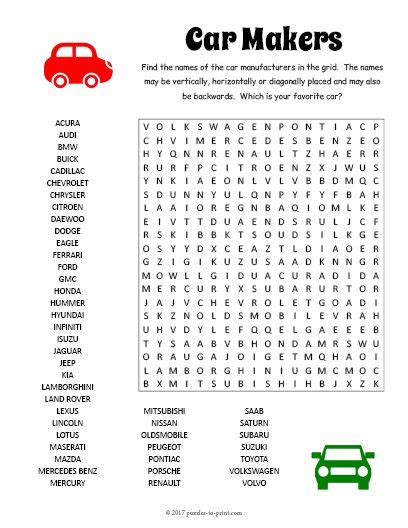 Car Maker Word Search Page With Cars On It And The Words In Red Green
