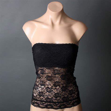 Sexy Sheer Floral Lace Black Strapless Padded Stretch Tube Top Shirt