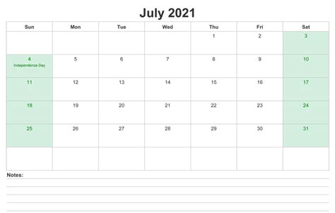 2021 July Printable Calendar With Notes Bank Holiday Calendar Calendar