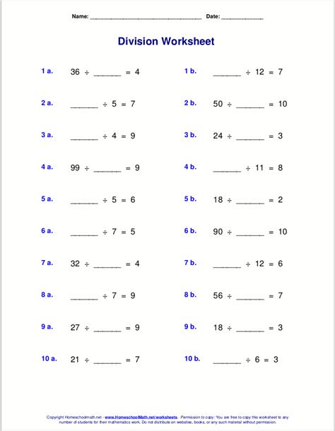 Division Worksheets With Missing Numbers