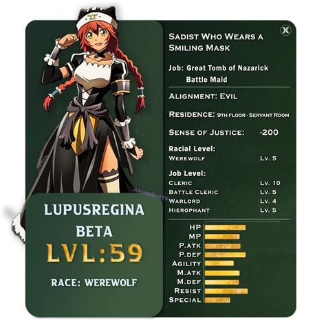 Lupusregina Beta Original Based Character Sheet Stats From Anime