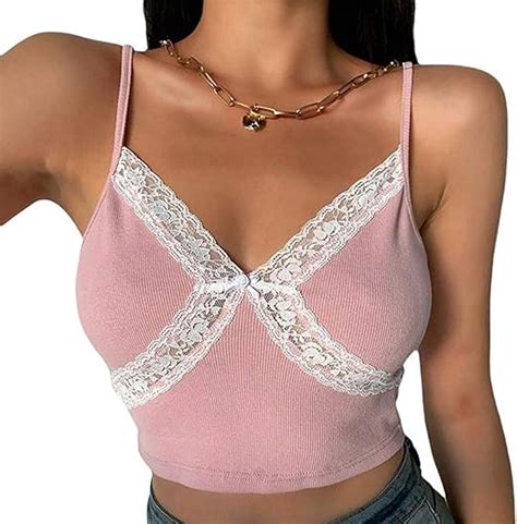 Womens Lace Crop Top Sexy V Neck Spaghetti Strap Tank Top Sleeveless Patchwork Camisole Top