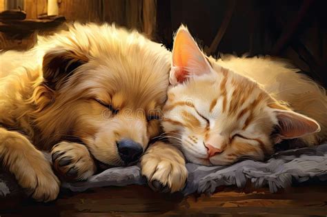 Cute Cat And Dog Sleeping Together On The Bed Digital Painting Cat