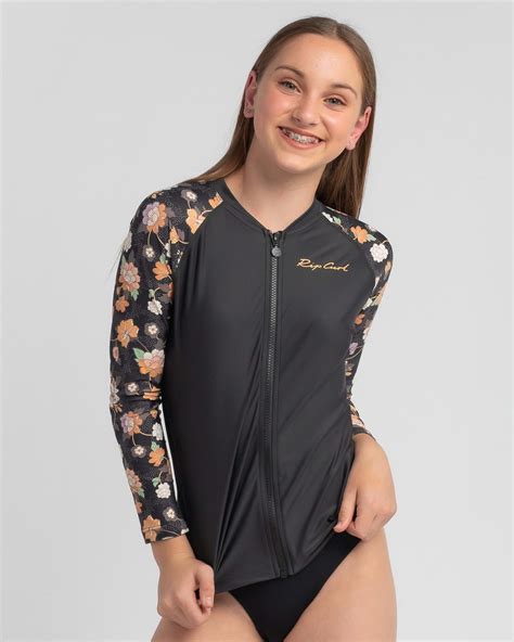 rip curl girls long sleeve rash vest in washed black fast shipping and easy returns city