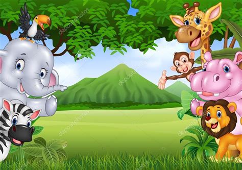 Cartoon Wild Animals With Nature Landscape Background Stock