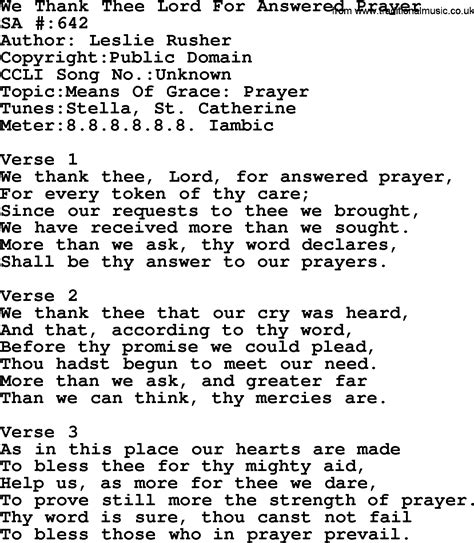 Salvation Army Hymnal Song We Thank Thee Lord For Answered Prayer