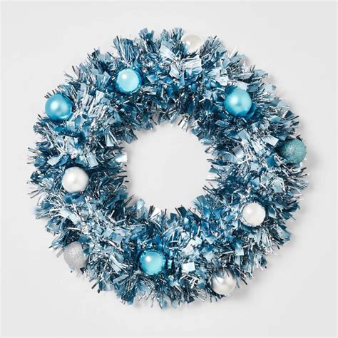 16in Tinsel Wreath With Shatterproof Ornaments Blue Wondershop