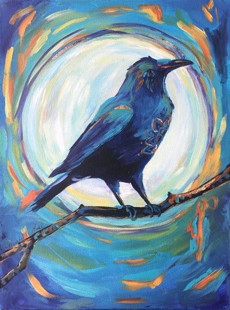 A Painting Of A Black Bird Sitting On A Branch In Front Of A Full Moon