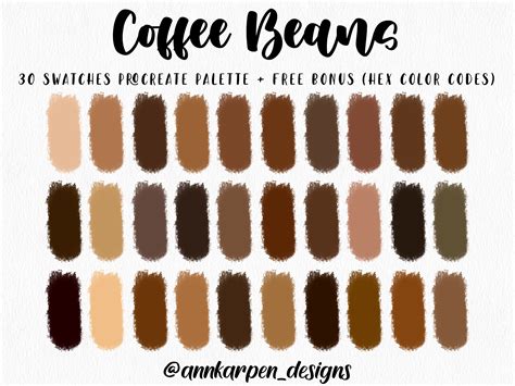 Coffee Beans Procreate Palette 30 Hex Color Codes Instant Etsy Canada